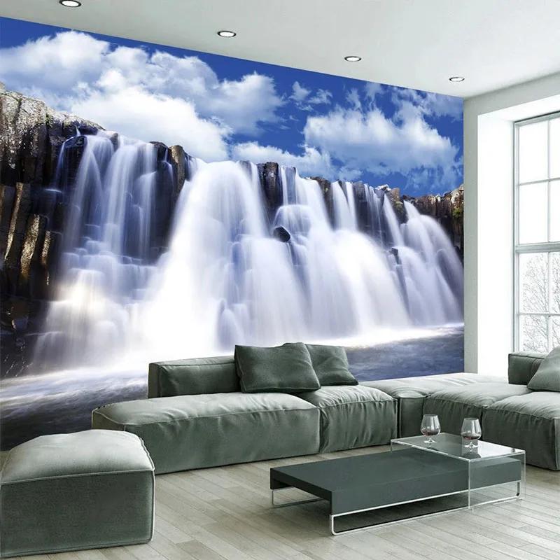 3d Mural Flowing Waterfall Wallpaper Blue Sky And White Clouds Fresh Nature Wallpaper For Living Room Home Decor