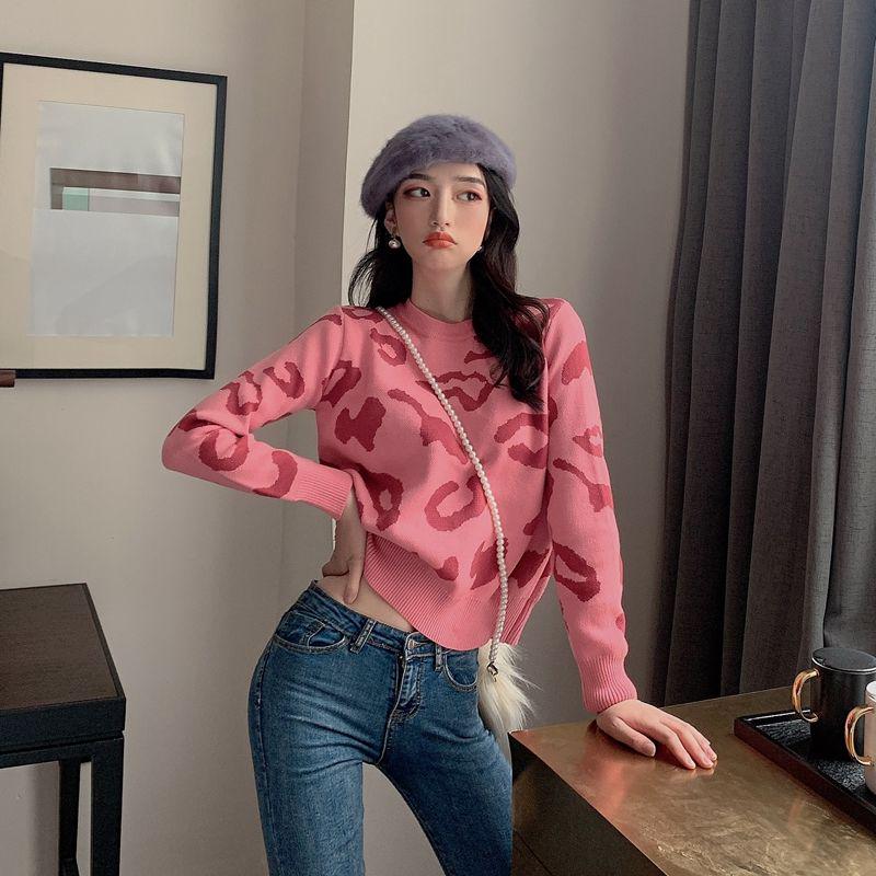 

Осенне-зимний леопардовый свитер с подходящим цветом, женский свитер Wild с длинными рукавами и круглым вырезом, вязаный топ One Size