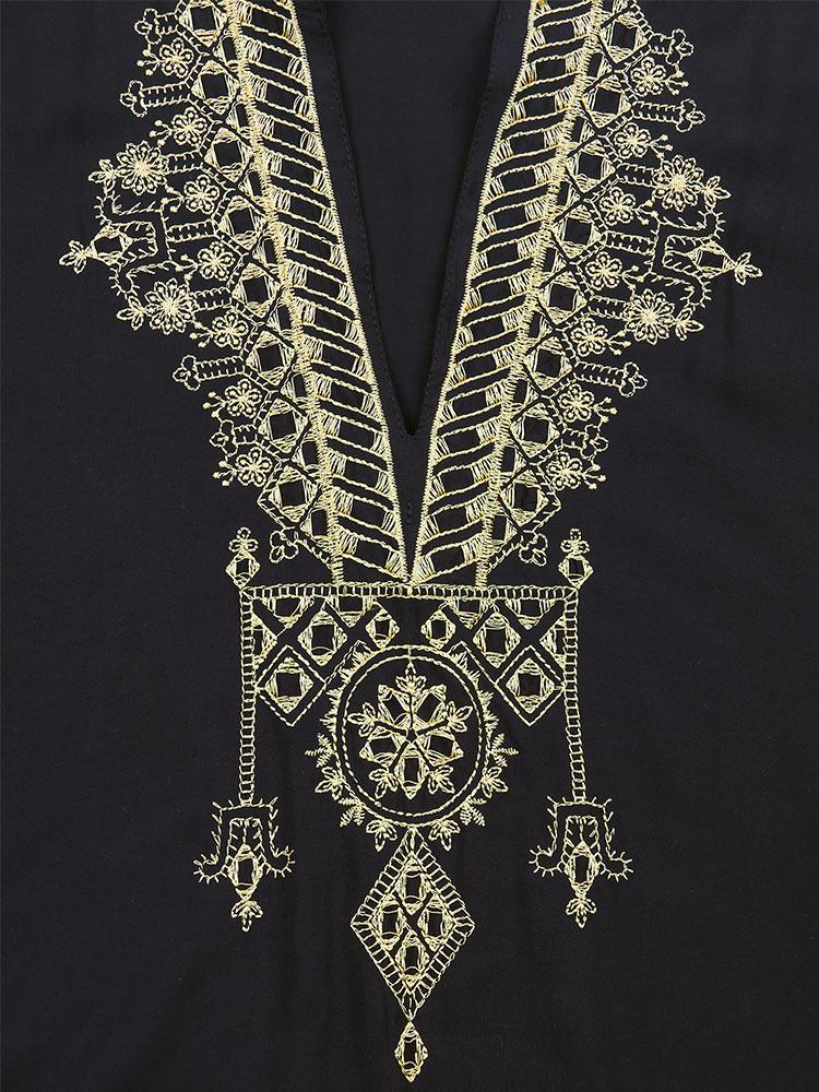 EDOLYNSA Schwarzer Damen-Kaftan mit goldener Stickerei, Hauskleid, lockeres Urlaubsparty-langes Kleid, Übergröße, Lounge-Kleidung Q1545