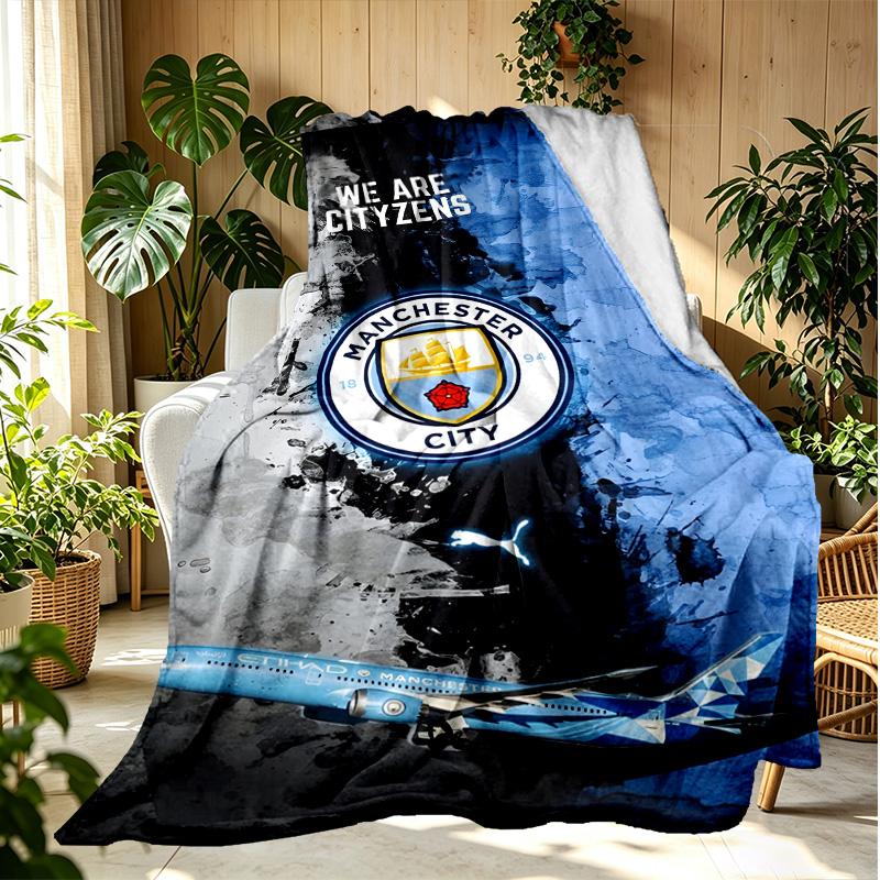 Manchester City FC Pattern Blanket for Home Decoration, Bed, Sofa, Car Travel, Camping, Suitable for All Seasons, Birthday Christmas Gift