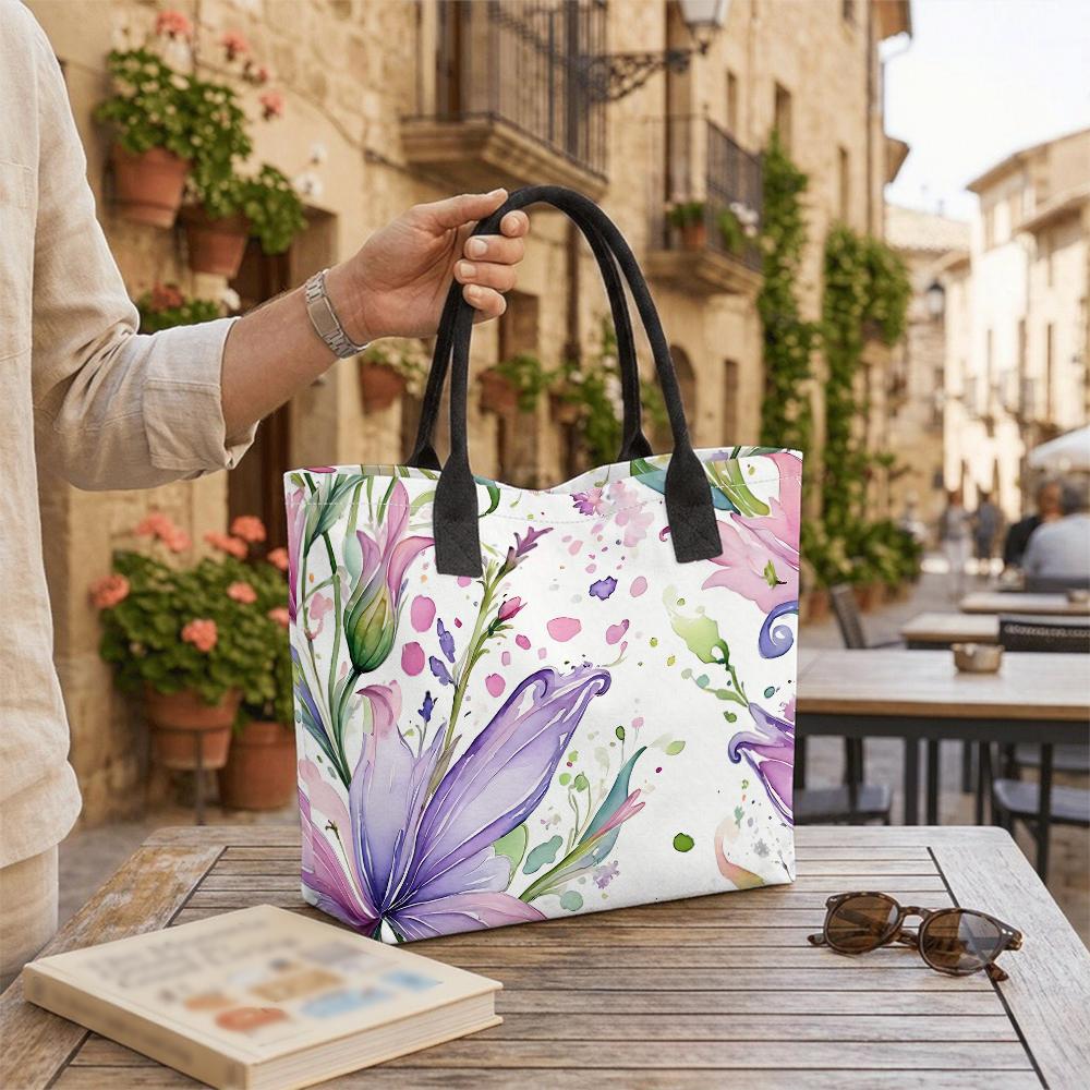 Watercolor Floral Print Tote Bag Large Capacity Reusable Casual Shoulder Handbag for Daily Shopping Travel