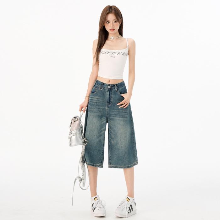 Women s 2025 Retro Wide-Leg Denim Jeans: Trendy, Versatile, Mid-Length Summer Pants Large