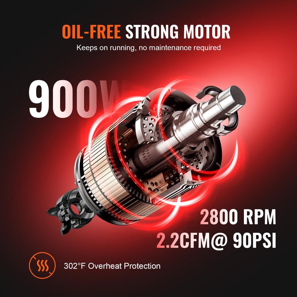 VEVOR Air Compressor 7.9 L 900W 2.2 CFM@ 90PSI 70 dB Ultra Quiet Oil Free