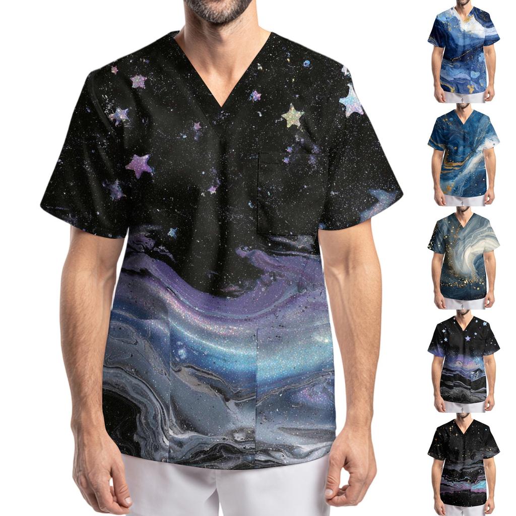 Men's Printing Short Sleeve V-neck Working Blouse Chest Pocket Carer Top