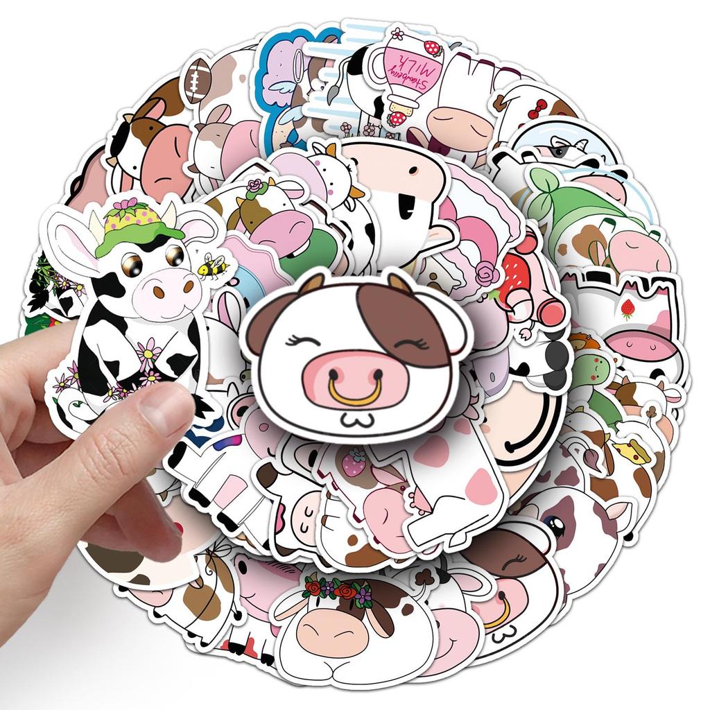 50pcs Cute Cow Stickers for Kids - Cartoon Animal Waterproof Decals for Diary, Laptop, Suitcase, and Fridge Decoration.