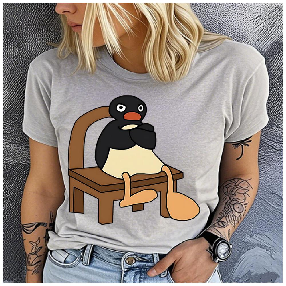 Unisex 100% Polyester Classic Cartoons Pingu Print Loose Round Neck Short Sleeve Fashion Summer Top for Astrology Lovers