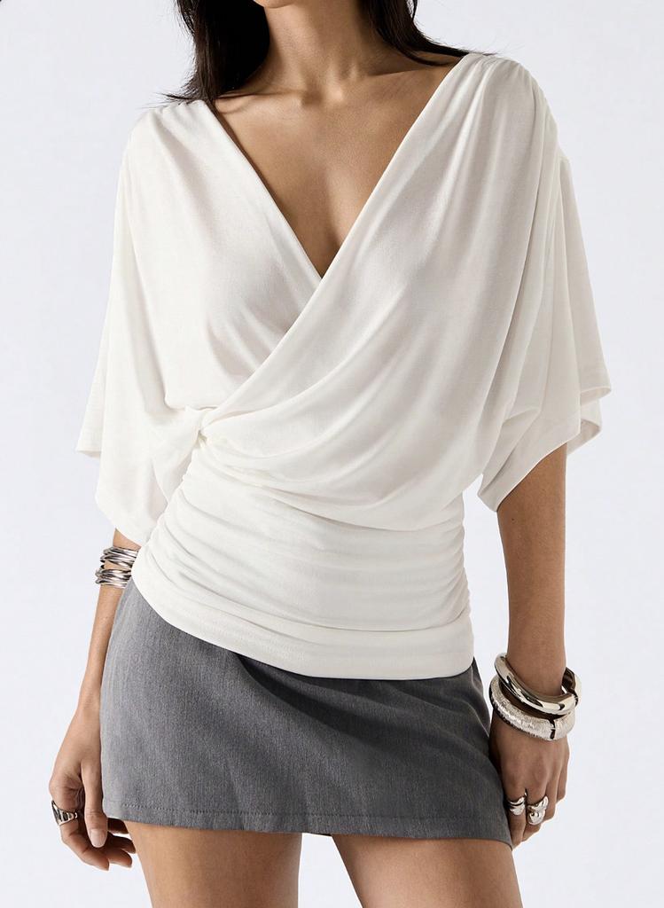 European and American new cross V-neck top, waist minimalist solid color short light commuter and thin bottoming shirt