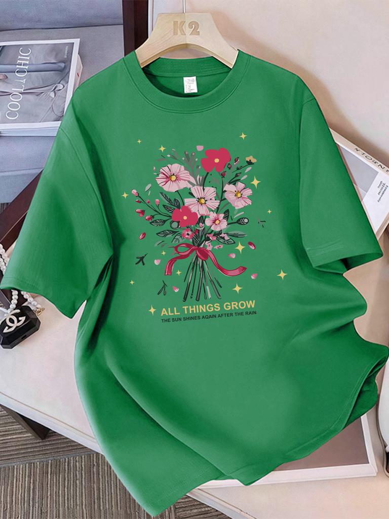 Summer T-Shirts Women Cotton All Things Grow Beautiful Flowers Print Tops Loose O-Neck Soft Comfortable T Shirt Casual Clothes