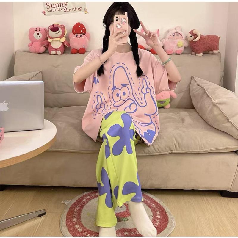 Pajamas women's short-sleeved trousers summer cartoon cute 2 new cartoon spring and summer loungewear suit can be worn outside