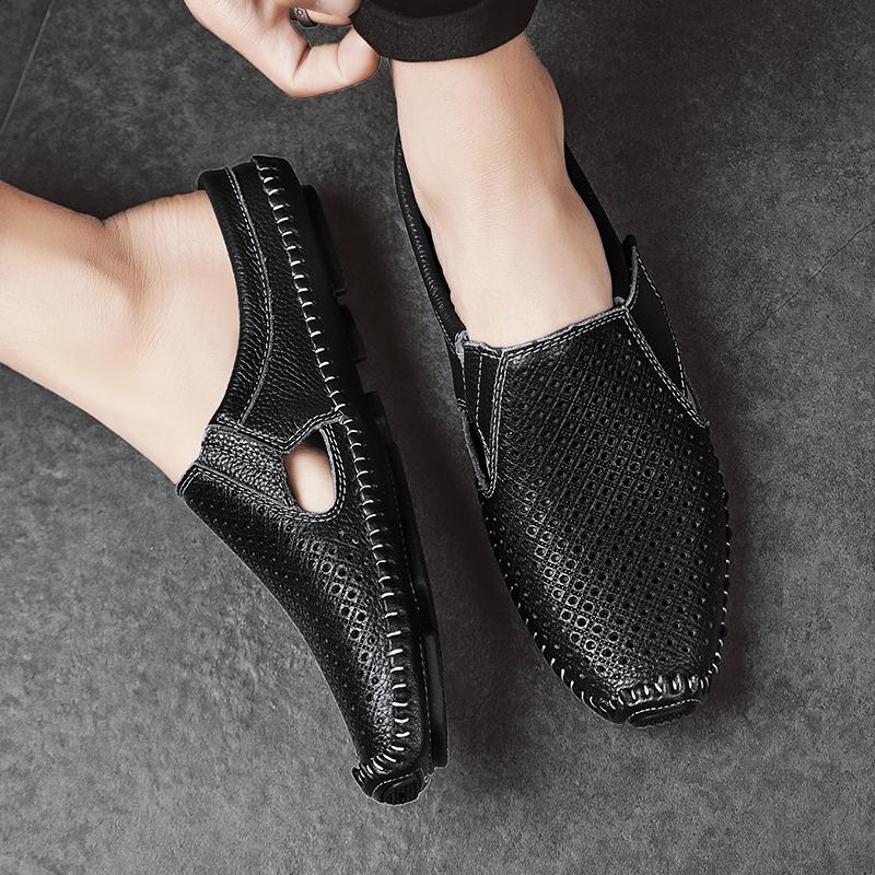 Half Shoes For Men Leather Mules Men Semi-Drag Casual Shoes Man Slides Backless Loafers Slippers Slip On Flats 2024