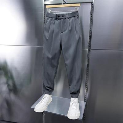 Calças masculinas primavera outono, nove calças, faixa no tornozelo, cintura elástica, finas, soltas, bolsos laterais, cor sólida, calças harém, calças de terno, calças compridas