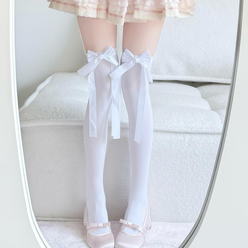 Cream Velvet Over-the-Knee Swallowtail Bow Socks for Girls One Size белый
