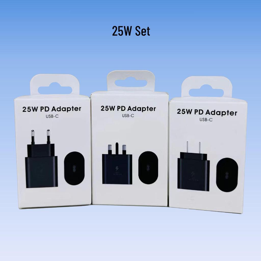 25W Super Fast Charger Set for Samsung Phones – PD 45W Charging Head with Cable, US/EU/China Plug Options.