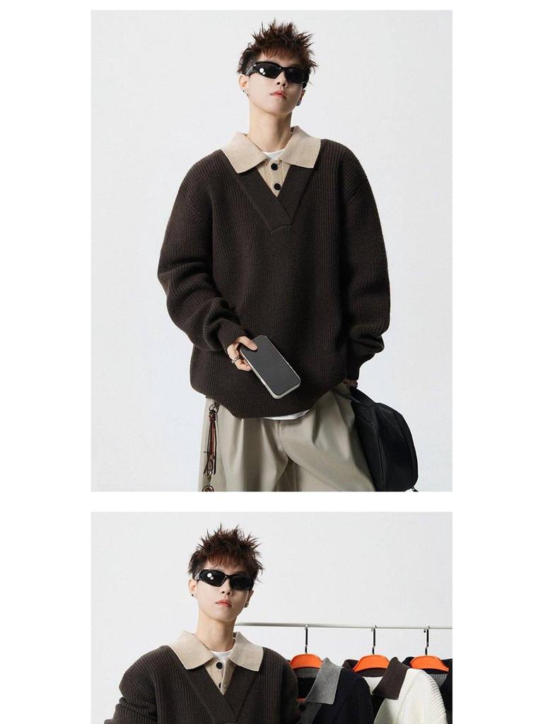 Men's American Retro Faux Two-Piece Polo Collar Sweater - Autumn/Winter Clean Fit Loose Casual Knitwear