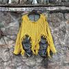 Womens 2-Piece Set Denim Knit Patchwork Tassel Sweater Harem Pants Streetwear