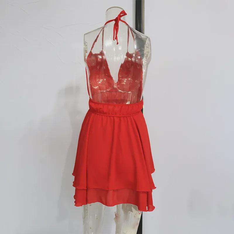 European & American Summer Women's Solid Color Halter Neck Chiffon Dress with Ruffle Detailing - Sexy Slimming Backless Design