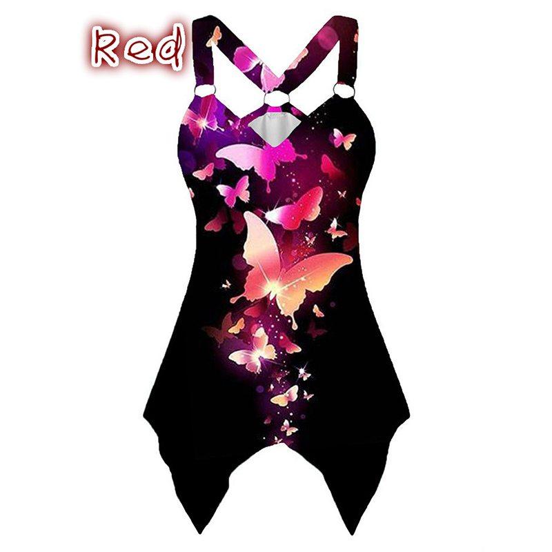 

Жіноча мода метелик друк жилет без рукавів V-комір танк топи випадкові блузка топи для жінок 5XL червоний