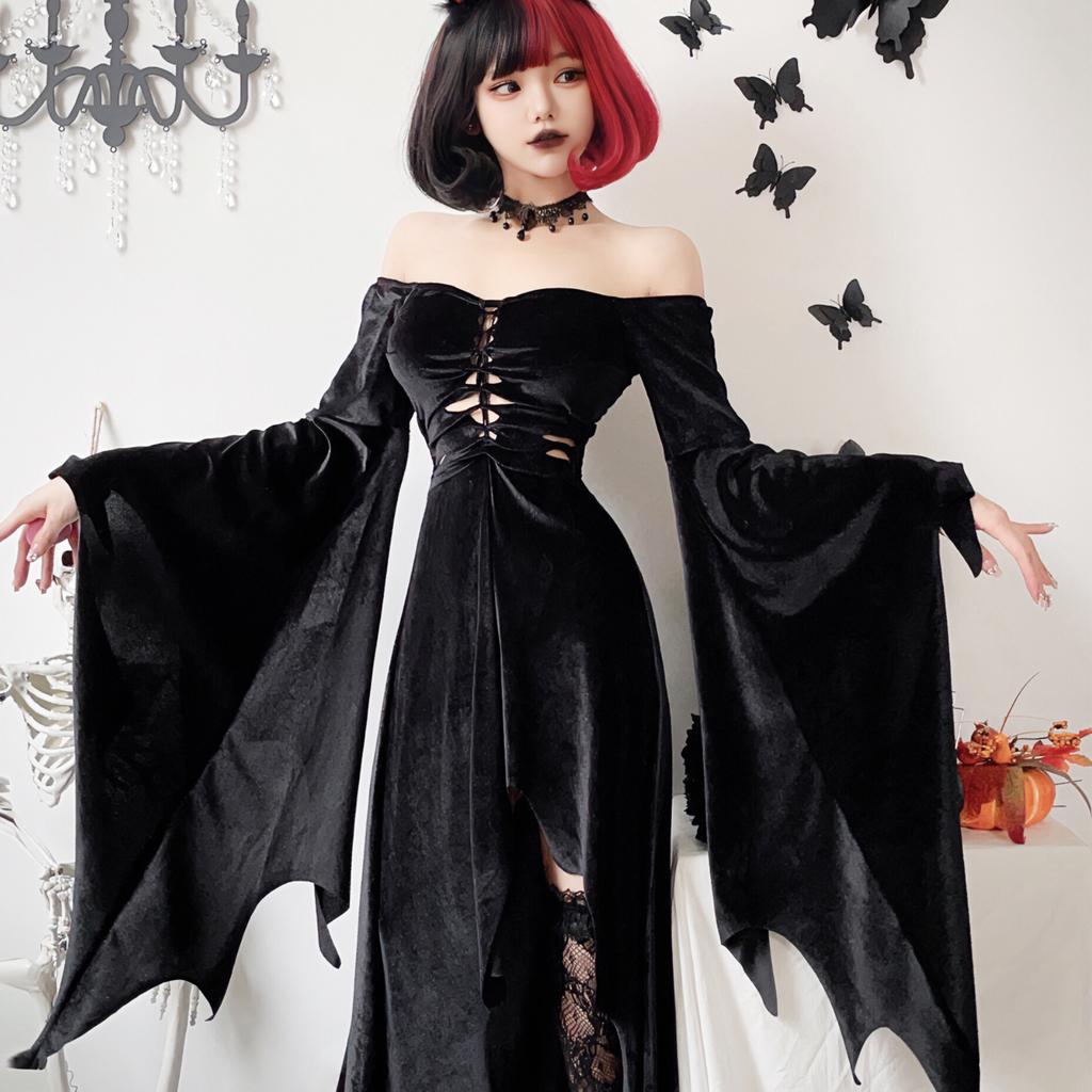 Costume di Halloween gotico scuro strega abito lungo vampiro mietitore abito nero