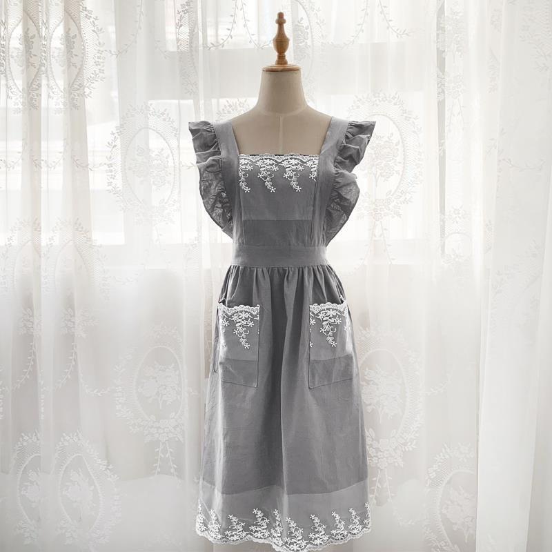 Washed Cotton Linen Lace Kitchen Aprons Flower Shop Garden Ruffles Work Clean Apron for Woman Dress