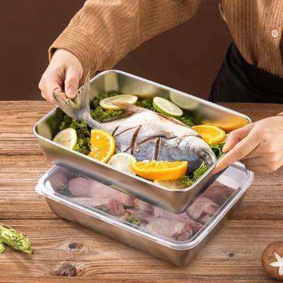 Stainless Steel Square Plate Rectangular with Lid Kitchen Storage Plate Multifunction Large Food Storage Pan