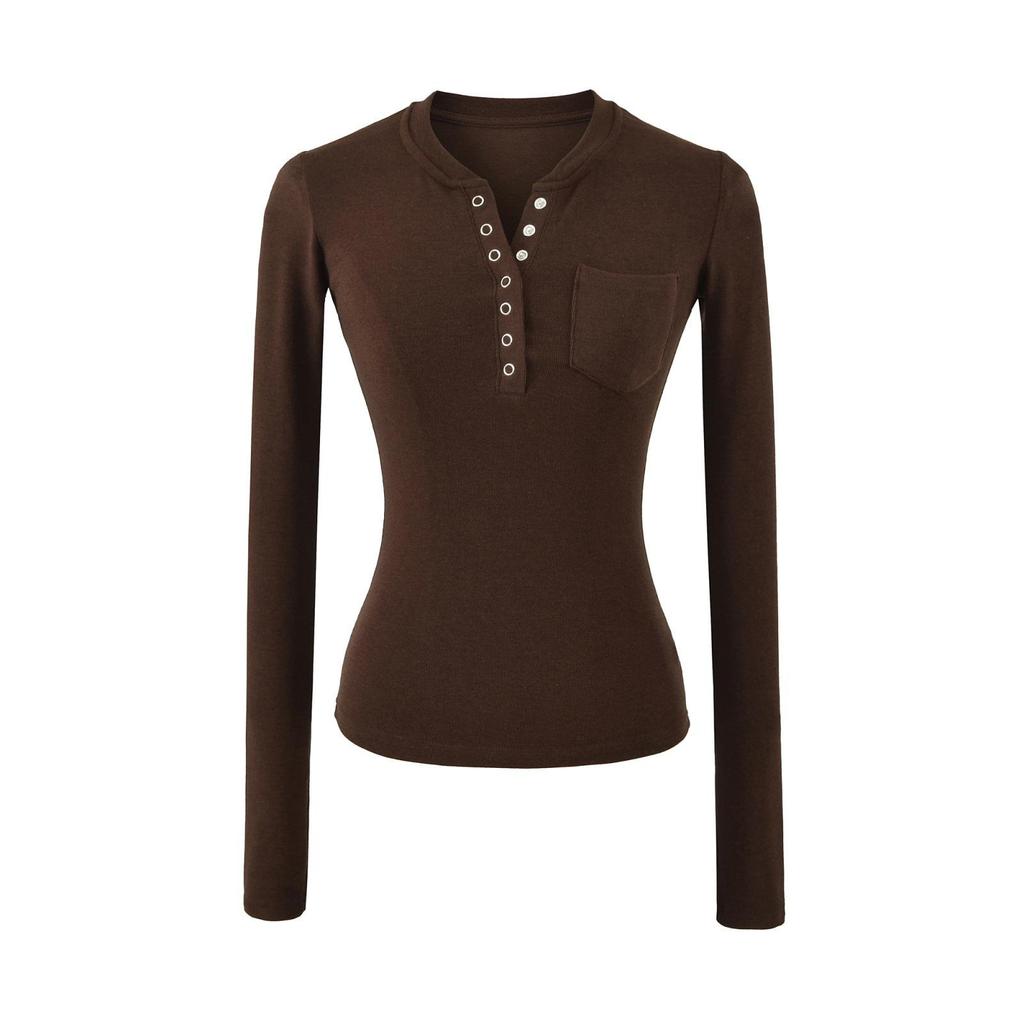 Women's Spicy American Button-Down Stand-Up Collar Faux Cashmere Slim Fit Base Layer Long Sleeve Top for Fall/Winter