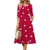 Women Casual Round Neck Three Quarter Sleeve Waist Cinched Independence Day Dress Spring Autumn Midi Length Star Print