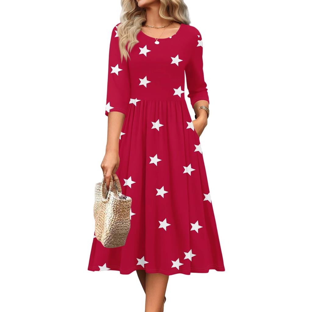 Women Casual Round Neck Three Quarter Sleeve Waist Cinched Independence Day Dress Spring Autumn Midi Length Star Print