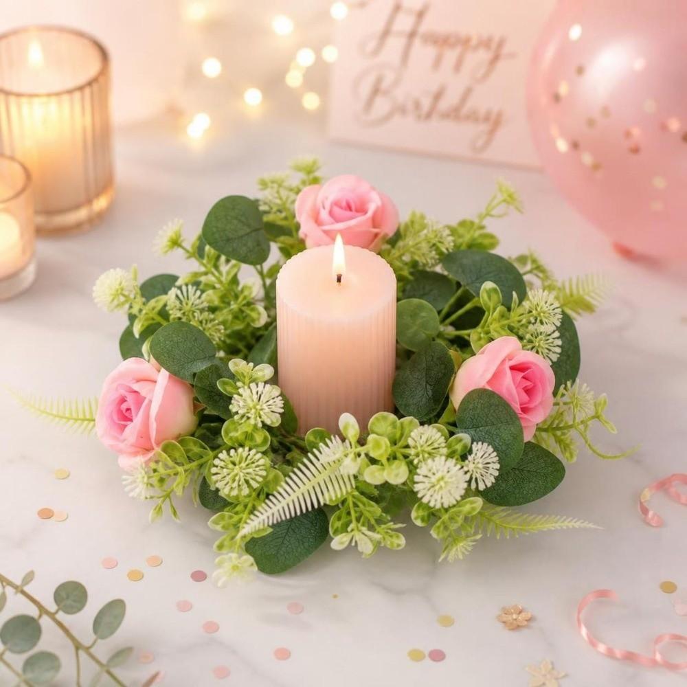 Exquisite Wreath Candle Holder Rose Eucalyptus Leaf Candlestick Living Room Bedroom