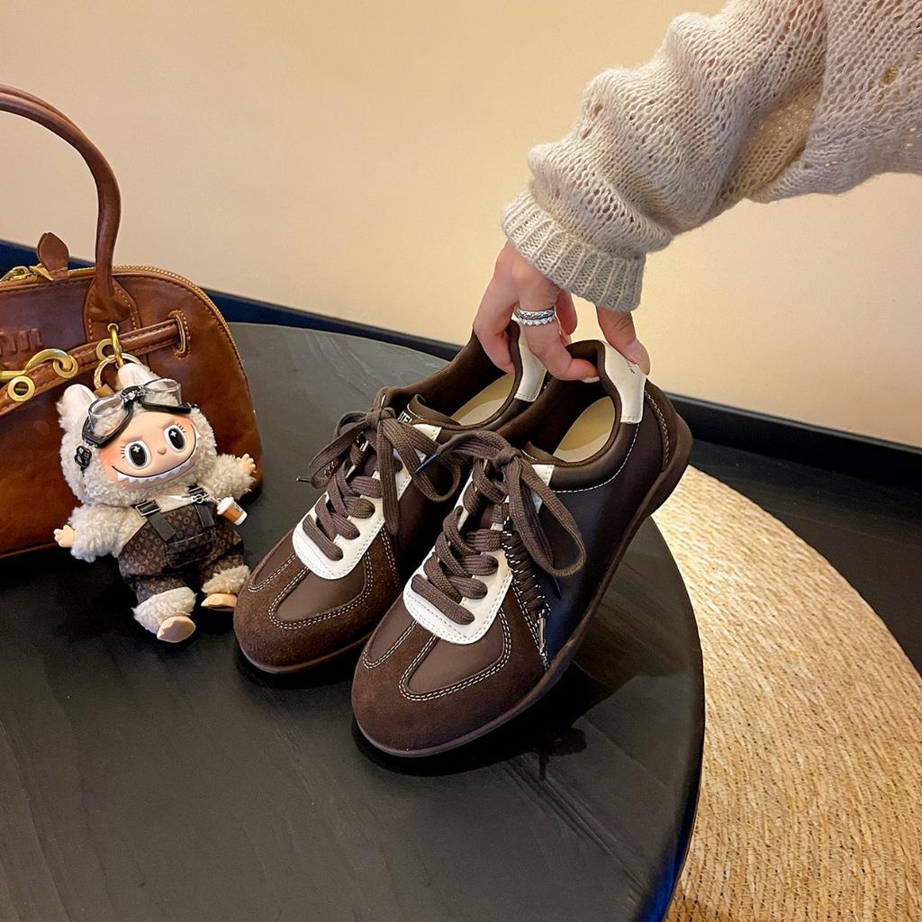 Spot version~ Retro inner height-increasing German training shoes women's autumn lace-up color matching flat-bottomed sports and leisure board shoes