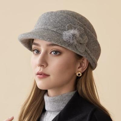 Herbst und Winter Damen Wolle Elegant Blume Thermische Beckenmütze Lässige Reiterhut Retro Zylinder