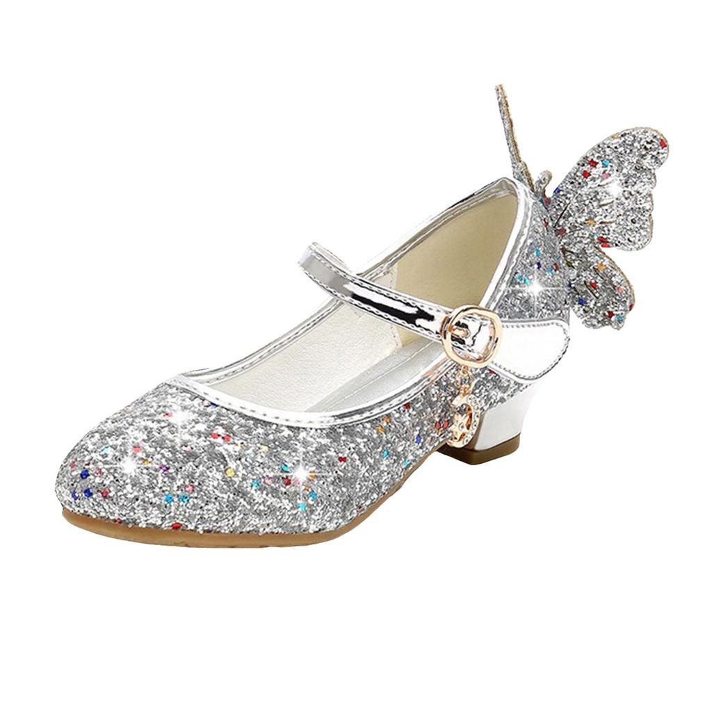 Princess Butterfly Leather Shoes Girls Diamond Bowknot High Heel Children Kid Dance Glitter Shoes Fashion Girls Party Dance Shoe