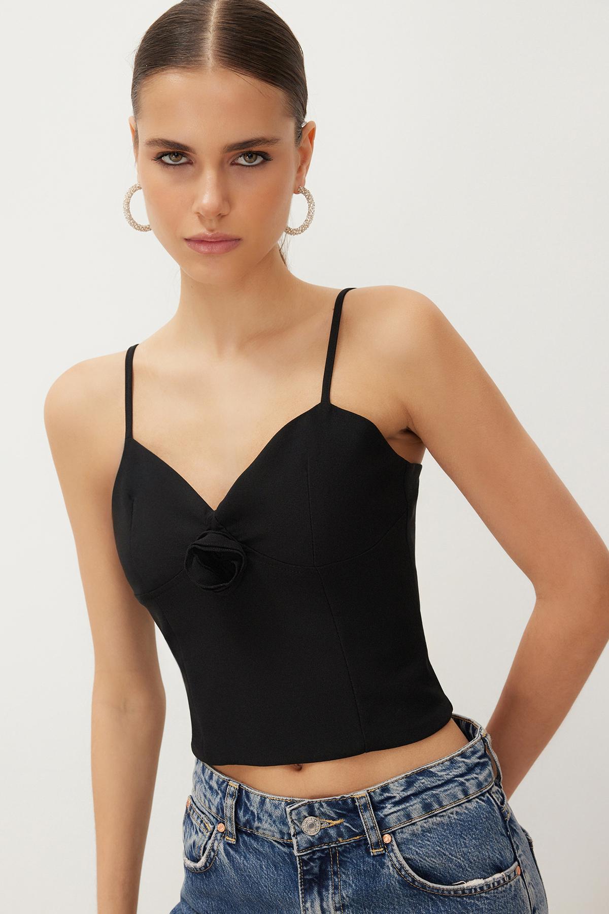 

Women s Fashion New Bustier Black Woven Rose Detailed Crop Bustier XS чёрный