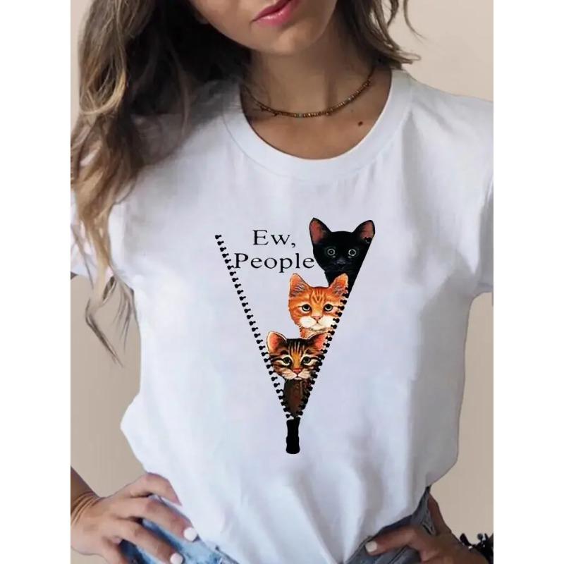 Summer Round Neck Cat Pattern Printed Top Fashionable Casual Short Sleeved Women's Pure Cotton T-shirts