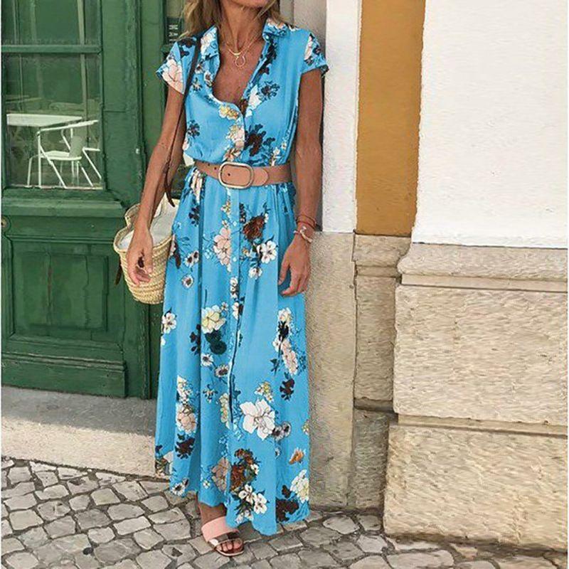 

Retro Print Bohemian Vacation Long Dress Sky blue + belt S