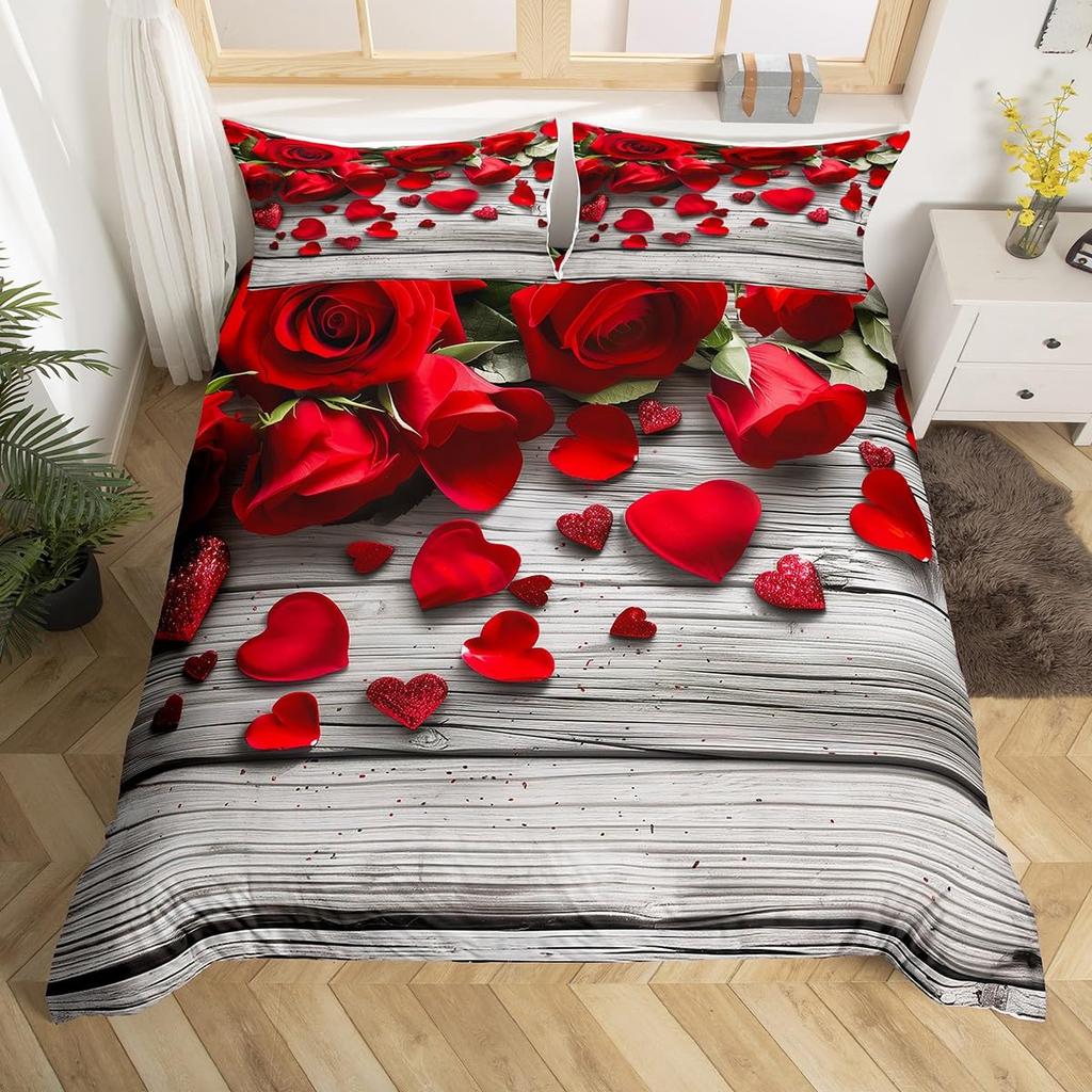 Rose Floral Duvet Cover Queen Twin for Women Girls Couple 3D Red Rose Wine Glass Bedding Set Luxury Botanical Comforter Cover