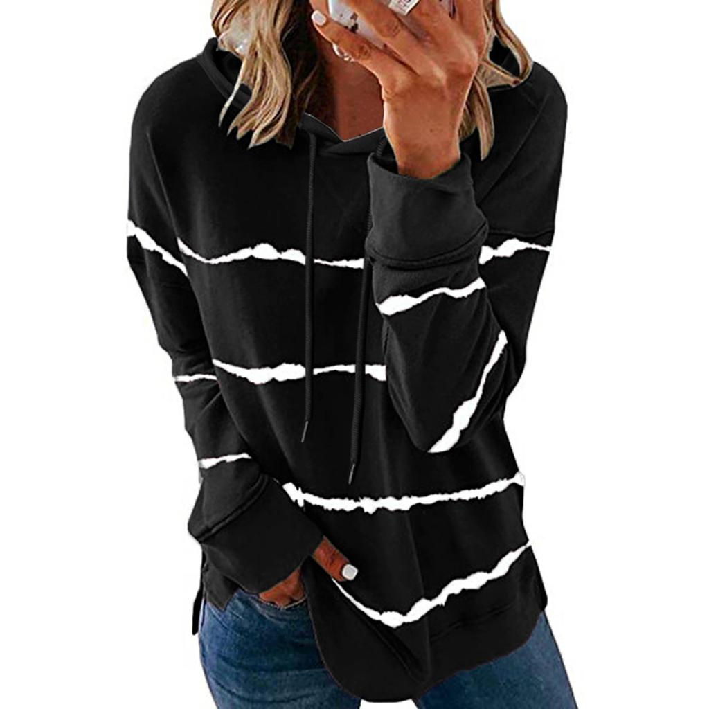 Women's Fashion Casual Stripe Print Hooded Long Sleeve Loose T Shirt Tops