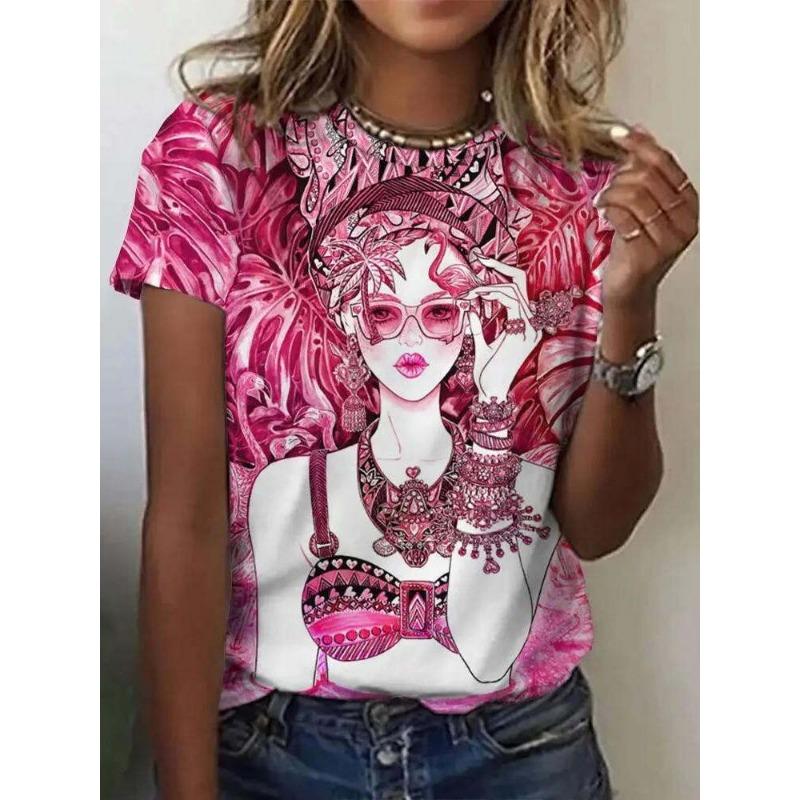 Women's round Neck Short Sleeve T-shirt Animal Print 3D Printing Street Style Loose Fit Summer Casual Wear Polyester Material