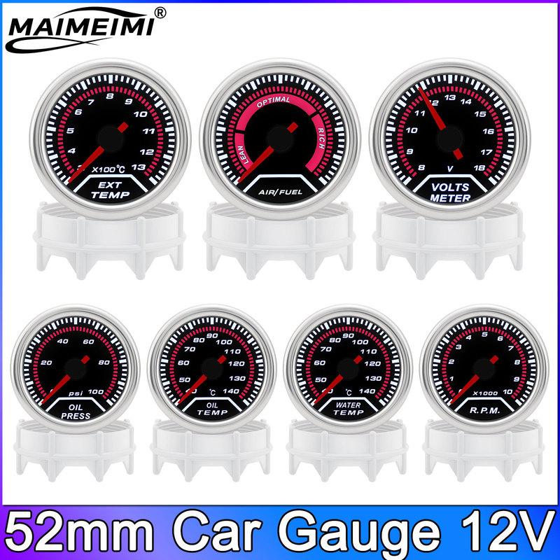 52mm Water Temp Meter/Oil Temp/Oil Press/Voltage/Tachometer/Air Fuel Ratio/EXT Gauge Analog LED White Case+ 52MM Gauge Pods