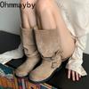 Autumn Winter Thick Heels Women Western Cowboy Boots Fashion Belt Buckle Shoes Female Pleated Long Booties De Mujer