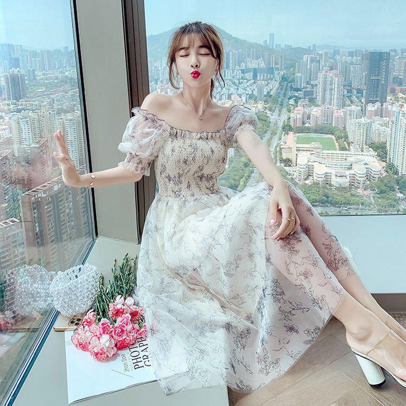 [Workmanship] Floral dress women's 2026 summer bubble sleeves close waist and look thin temperament gentle style skirt