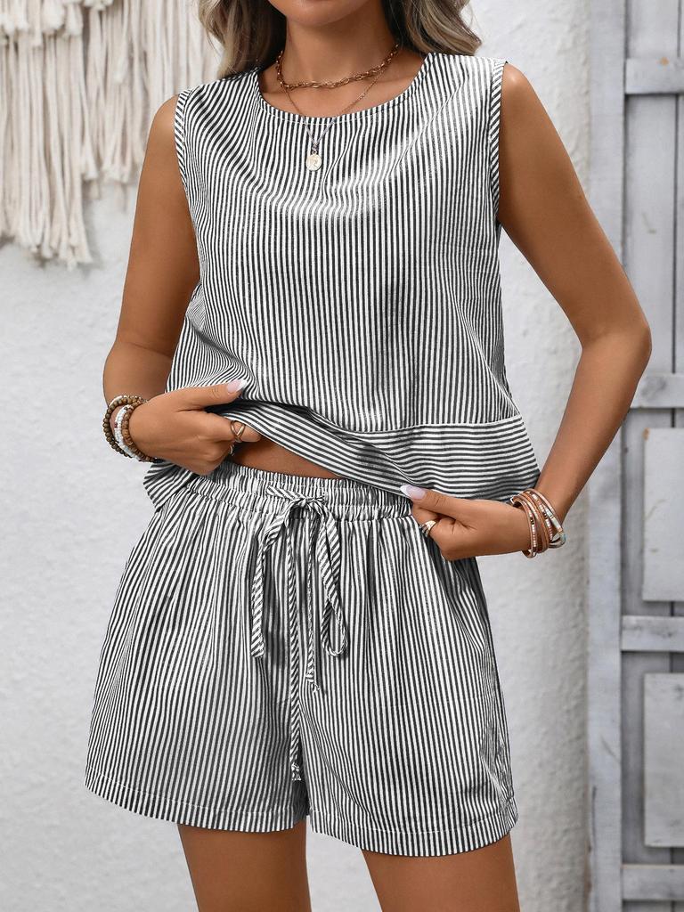 2026 Summer European & American Women's Sleeveless Round Neck Vest & Shorts Casual Fashion Two-Piece Set