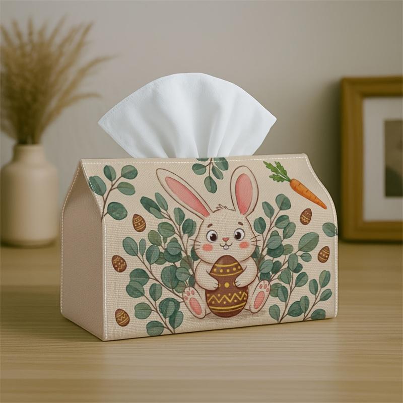 1pc Easter-Themed Tissue Box Featuring a Cartoon Bunny with a Carrot And Leaf Design, a Versatile Holder for Tissues, Designed In Playful Green Earth