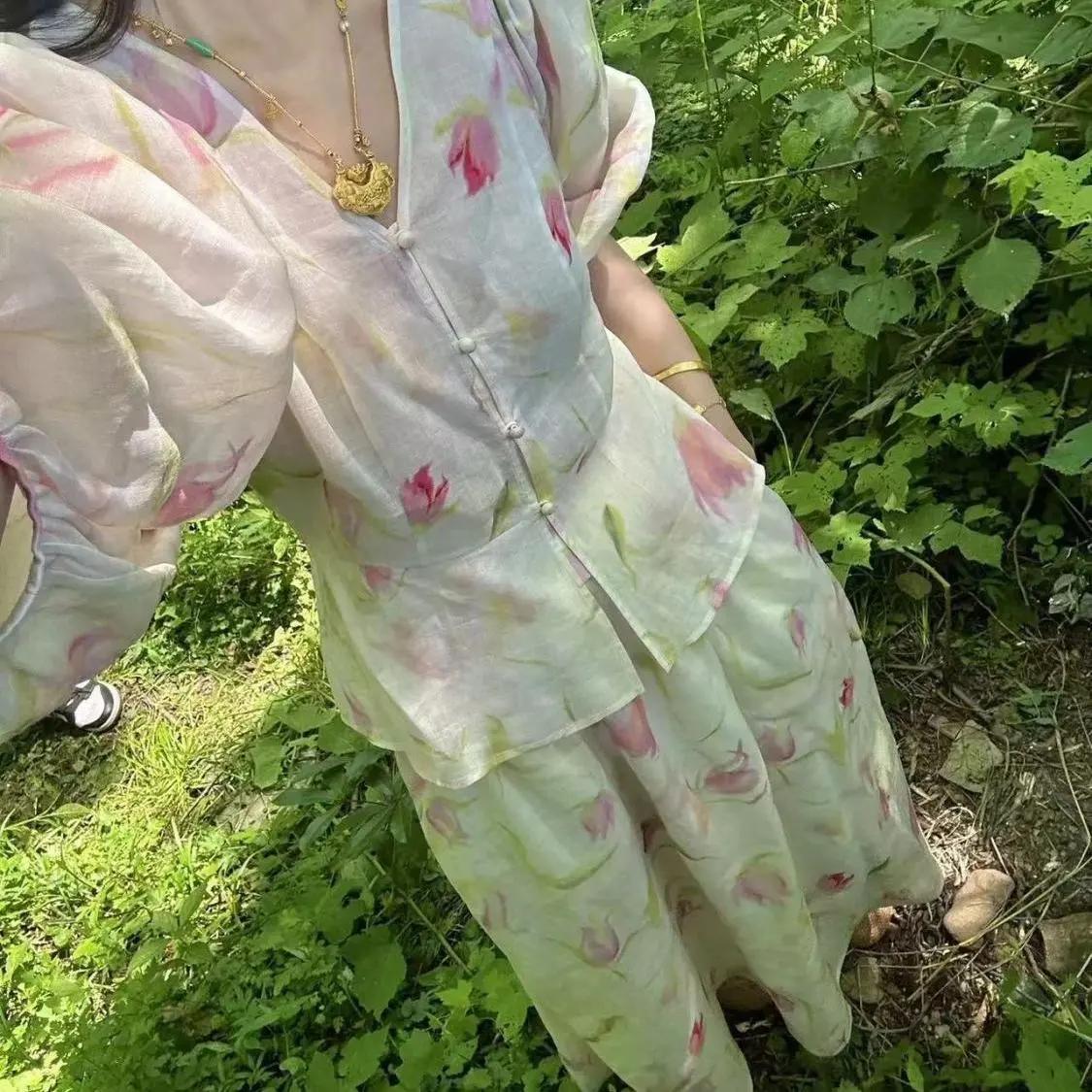 

Women s Floral Print Two Piece Set Puff Sleeve V-Neck Blouse + High Waist Midi Skirt Casual Outfit OneSize