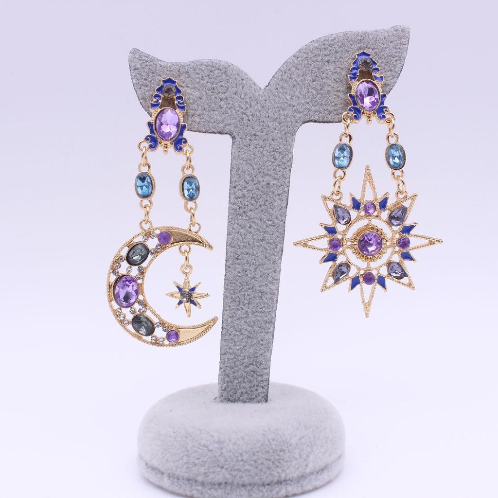 Women Style Star Sun Moon Crystal Asymmetry Dangle Earrings