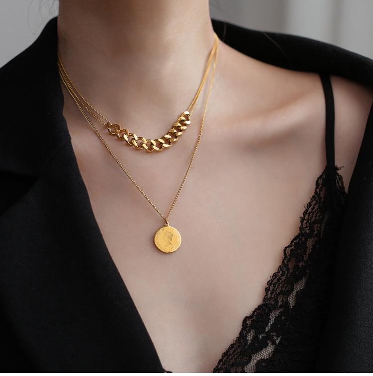 Women's Elegant Double-Layer Coin Chain Necklace, European American Retro Style, 18K Gold-Plated Titanium Steel Clavicle Jewelry