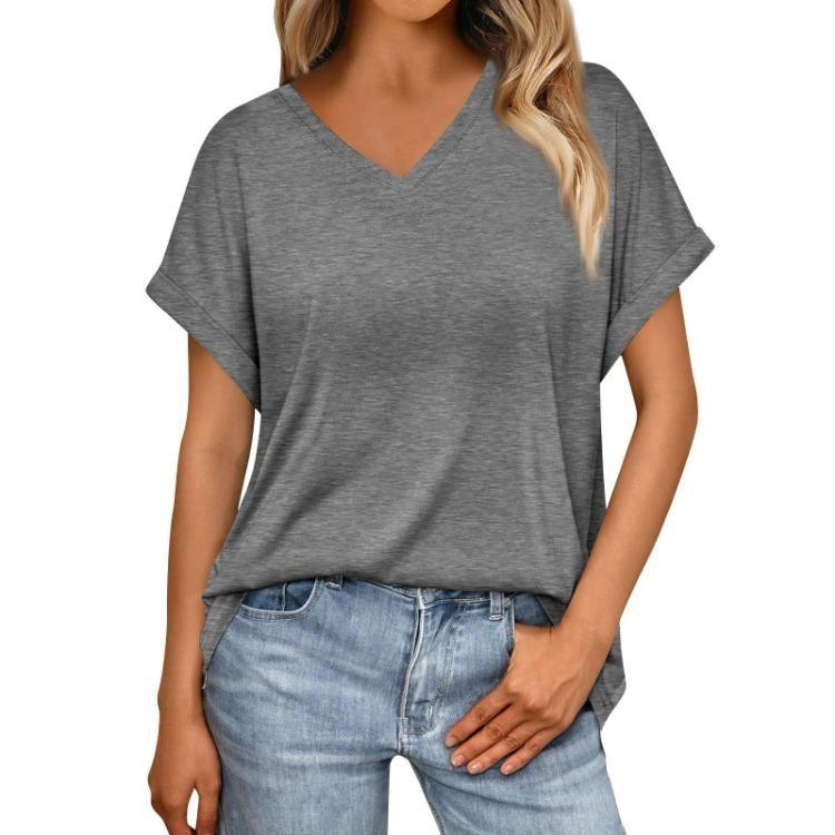 Damen Sommer V-Ausschnitt T-Shirt Locker Kurzarm Einfarbig Mode Top