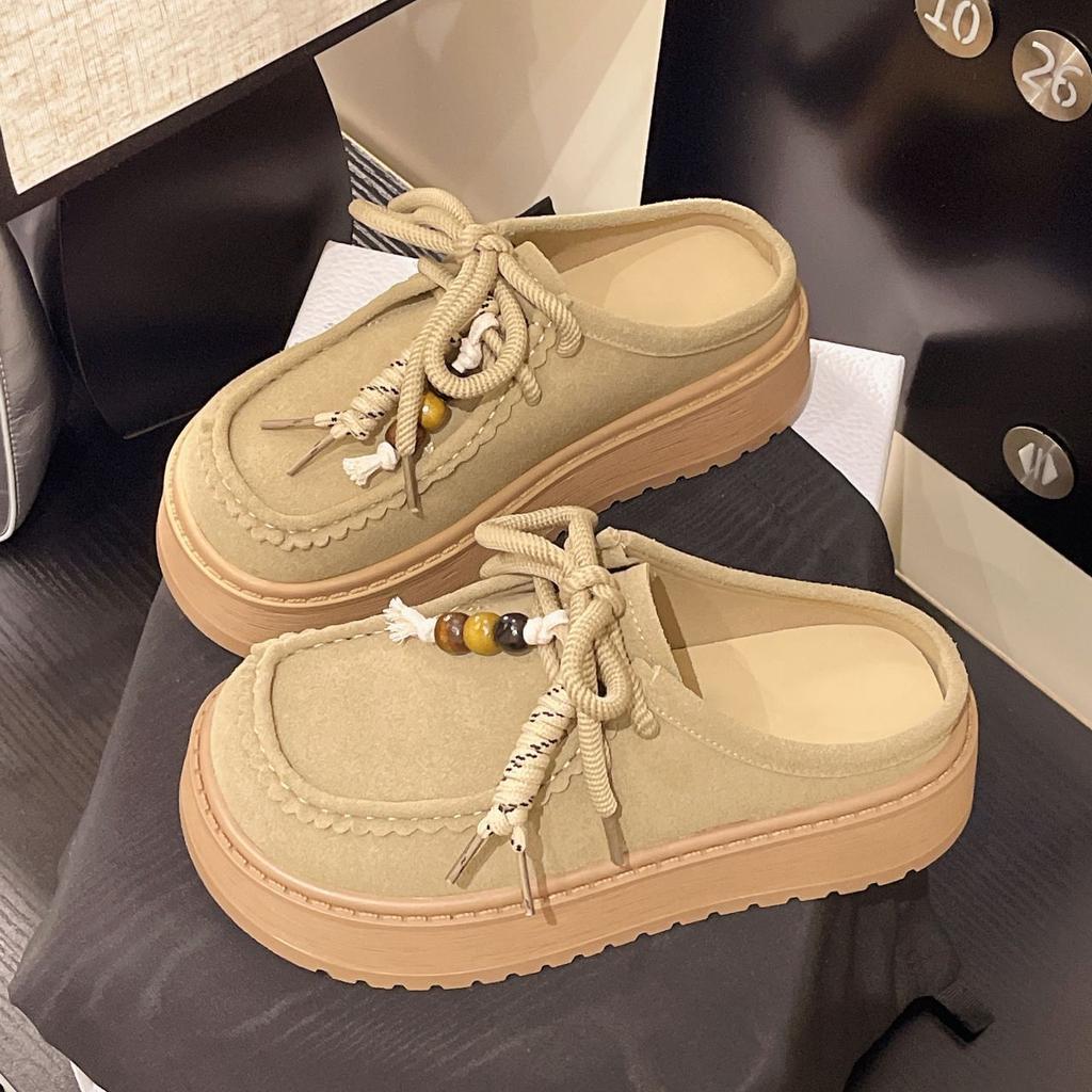 Fashion Thick-soled Heightening Bag Head Beaded Lace-up Shoes Women's Spring and Summer 2025 New Retro Bag Head Half Slippers Women