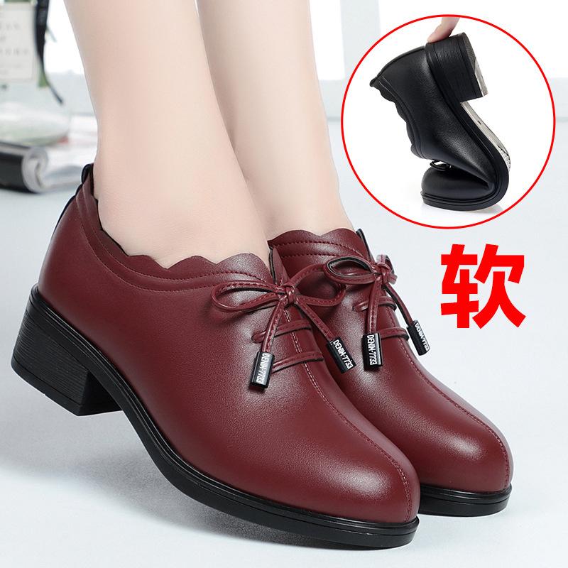 Women Spring Autumn New Fashion Lace Soft Leather Platform Pumps Korean Style Casual Waterproof Pointed Toe Single Shoes