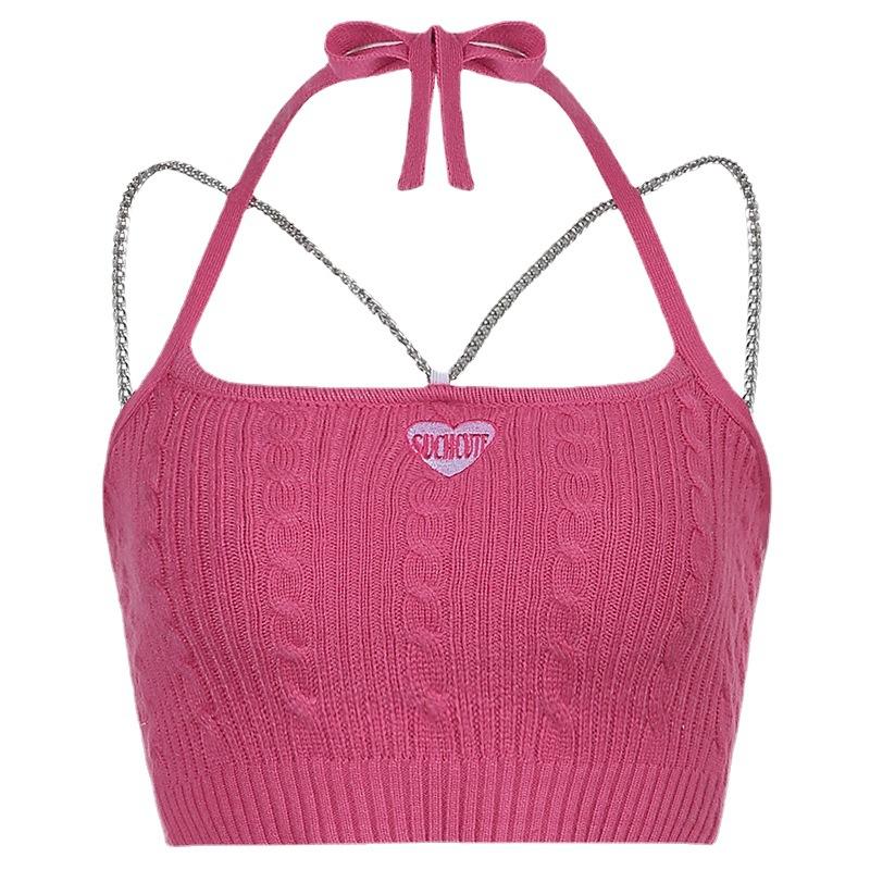 Summer New Sweet and Spicy Wind Candy Color Wool Woven Chain Love Letter Embroidery with A Base Vest Small Suspenders Women