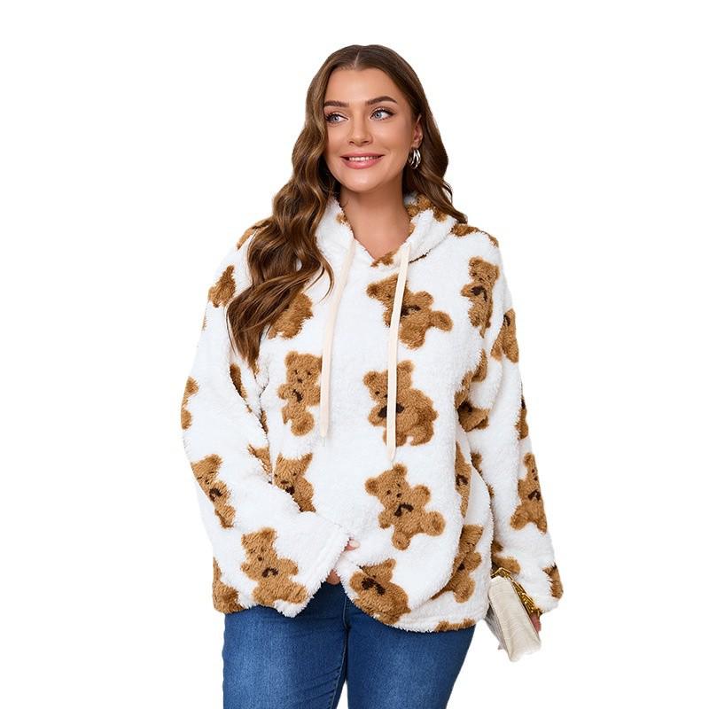 Neues Übergrößen-Doppelflanell-Kapuzensweatshirt Teddybär Plüsch Langarm-Pullover-Oberteil für Herbst/Winter